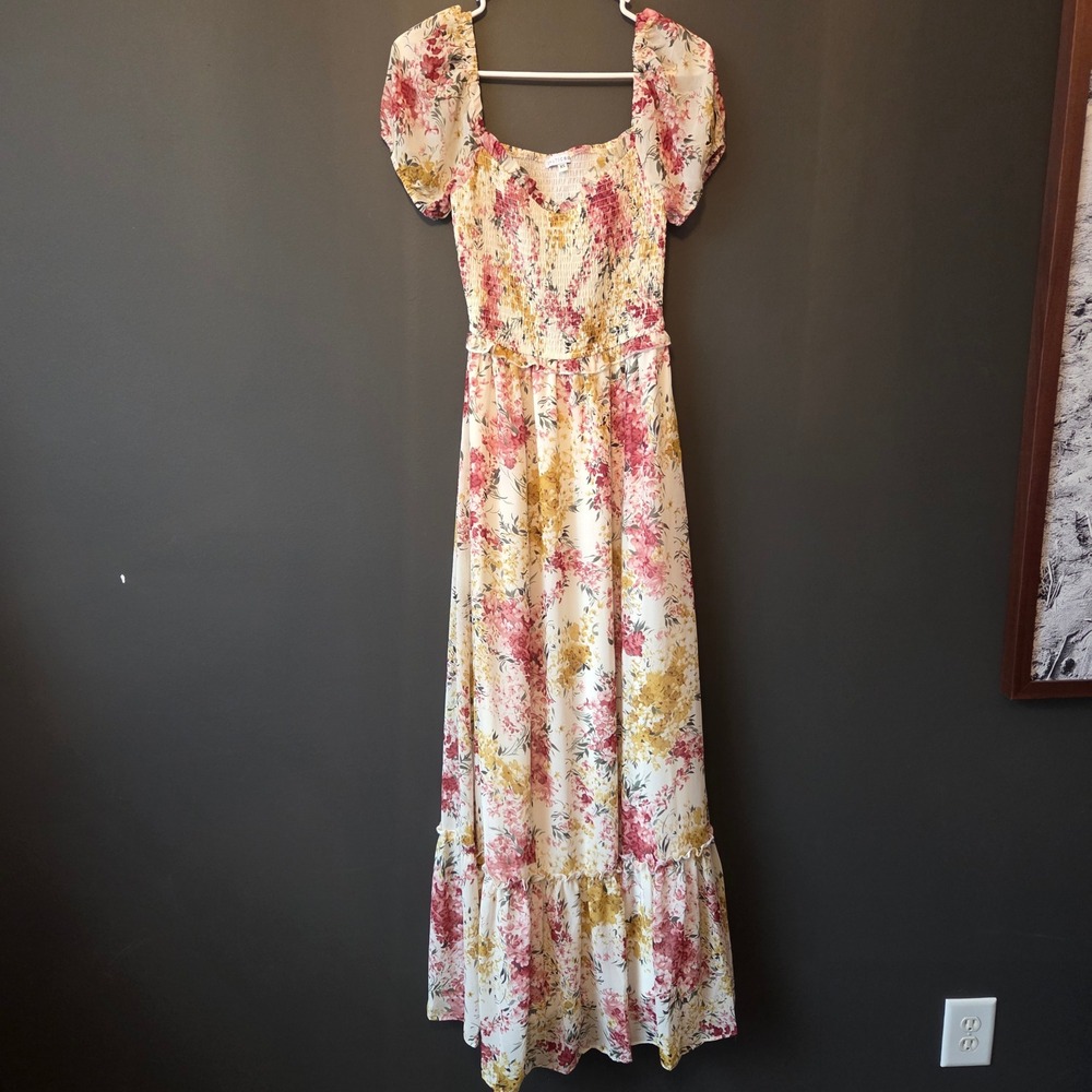 Baltic‎ Born Capri Floral Smocked Maxi Dress Puff Sleeve Square Neck XS Wedding